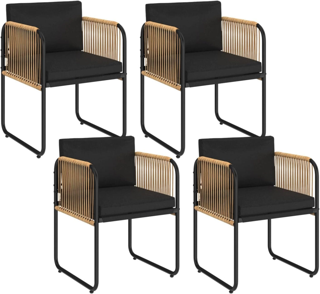 Set di 4 sedie da giardino Rio con struttura in metallo nero, corde con effetto rattan chiaro e cuscini neri