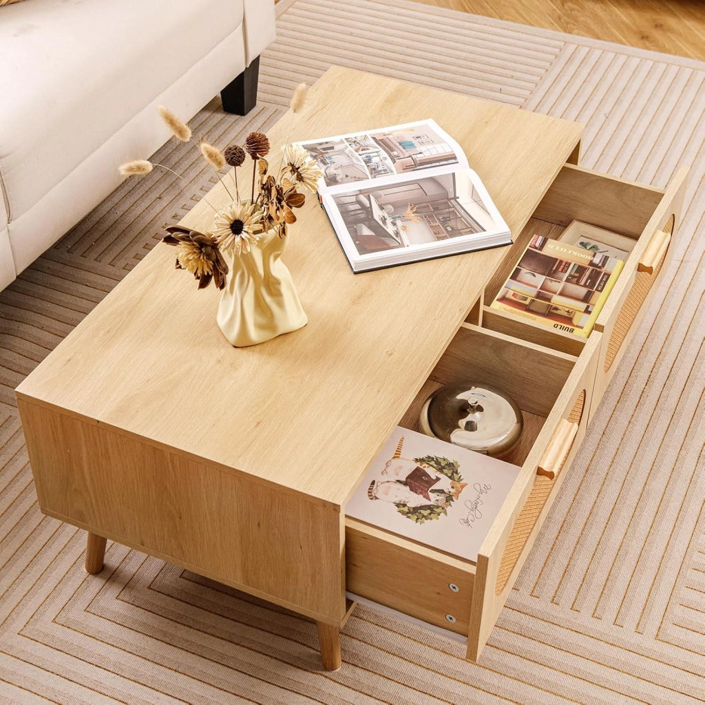 Tavolino da Caffè in Rattan, Tavolino Moderno con 2 Cassetti e Compartimento Posteriore e Gambe in Legno Massello, Tavolo Rettangolare da Salotto e Ufficio