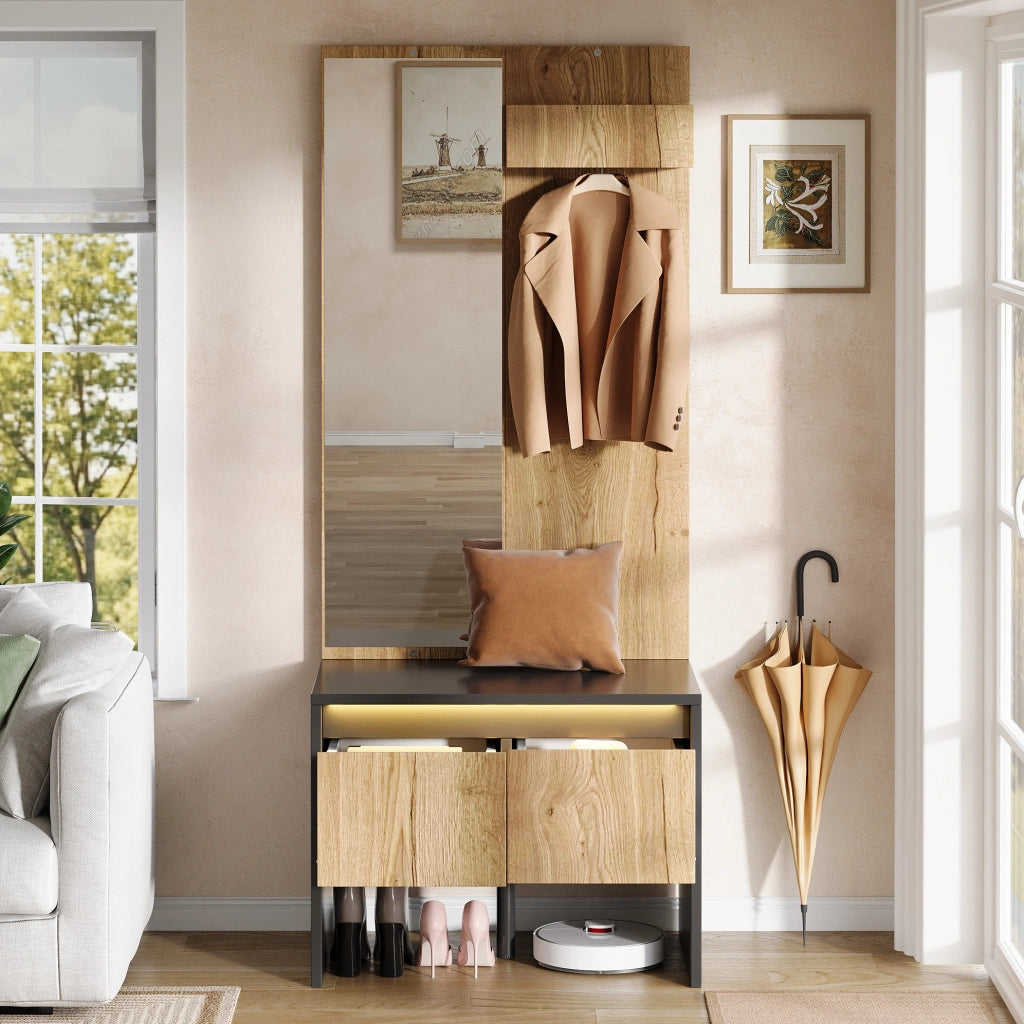 Set Appendiabiti con Specchio, Panca per Scarpe e 2 Cassetti in Truciolato 60×38×145 cm, Nero e Naturale