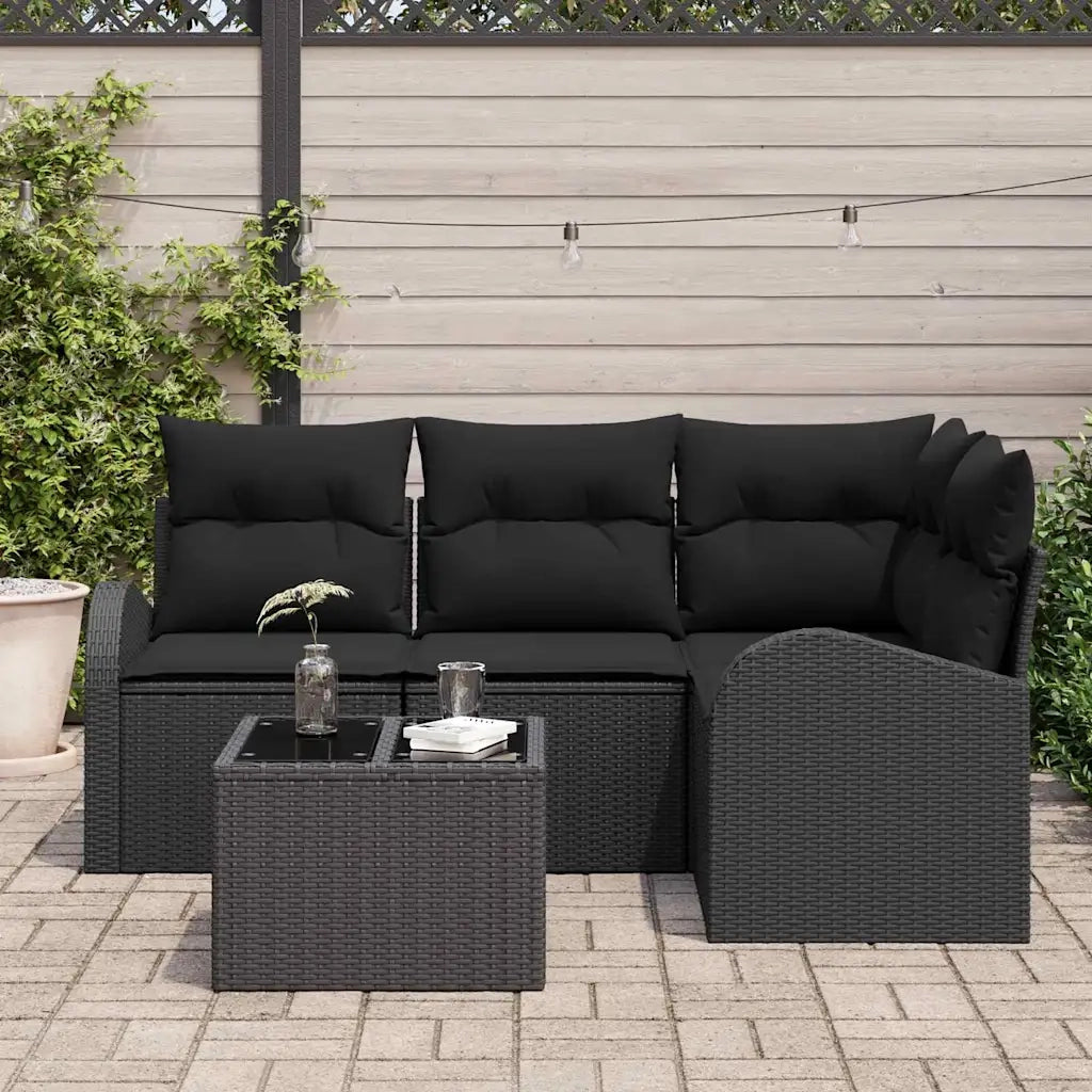 Set Divano da Giardino con cuscino 5 pcs Nero polyrattan