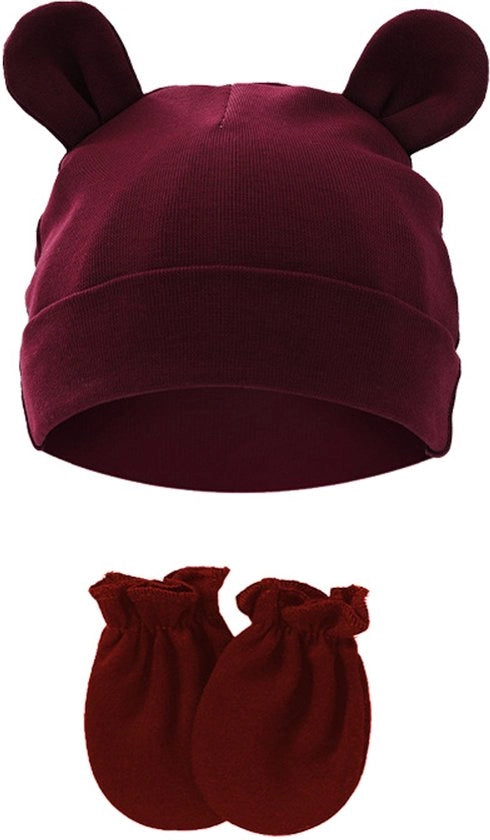 Set per neonati con copricapo e guantini, orecchini di cotone con funzione antiscuottimento, adatti per bambini da 0 a 1 anno, diametro medio 15,5 cm, Rosso vino