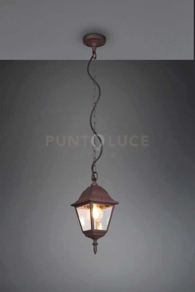 LIVENZA SOSPENSIONE DA ESTERNO 4 LATI FUSIONE DI ALLUMINIO RUGGINE E VETRO TRASPARENTE H. 83CM IP44  1 LUCE ATTACCO E27