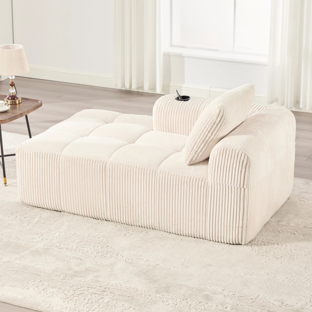 Fauteuil in corduroy con tasche laterali e portabicchieri, schiuma ad alta densità e struttura stabile, beige