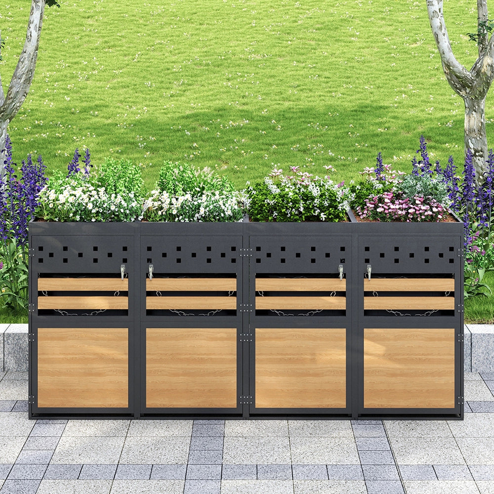Box per rifiuti 4 posti con tetto vegetale - Xylo - 120-240 litri - Colore antracite - Porta in legno, estensibile