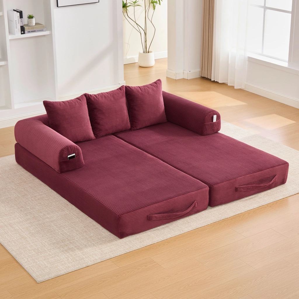 Divano modulare in velluto a coste rosso vino con 3 cuscini; 200x94x67 cm