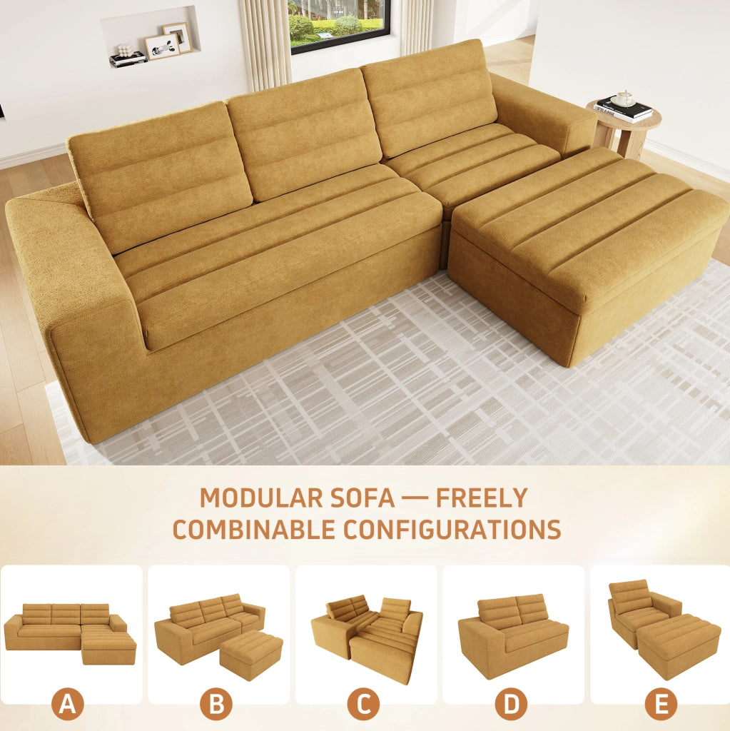 Divano Angolare Modulare a L in Chenille, 4 Posti con Pouf, 253x161x89 cm, Arancione