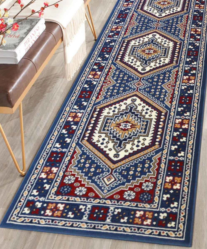 Tappeto passatoia ROYAL SHIRAZ 2065 AZZURRO cm.100x400 motivo moderno geometrico arredo casa corsia arredo casa