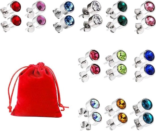 12 paia di orecchini da uomo e donna con diamanti medicali in acciaio inox colorato a effetto argento - idonei per uomini e donne - acciaio titanio.