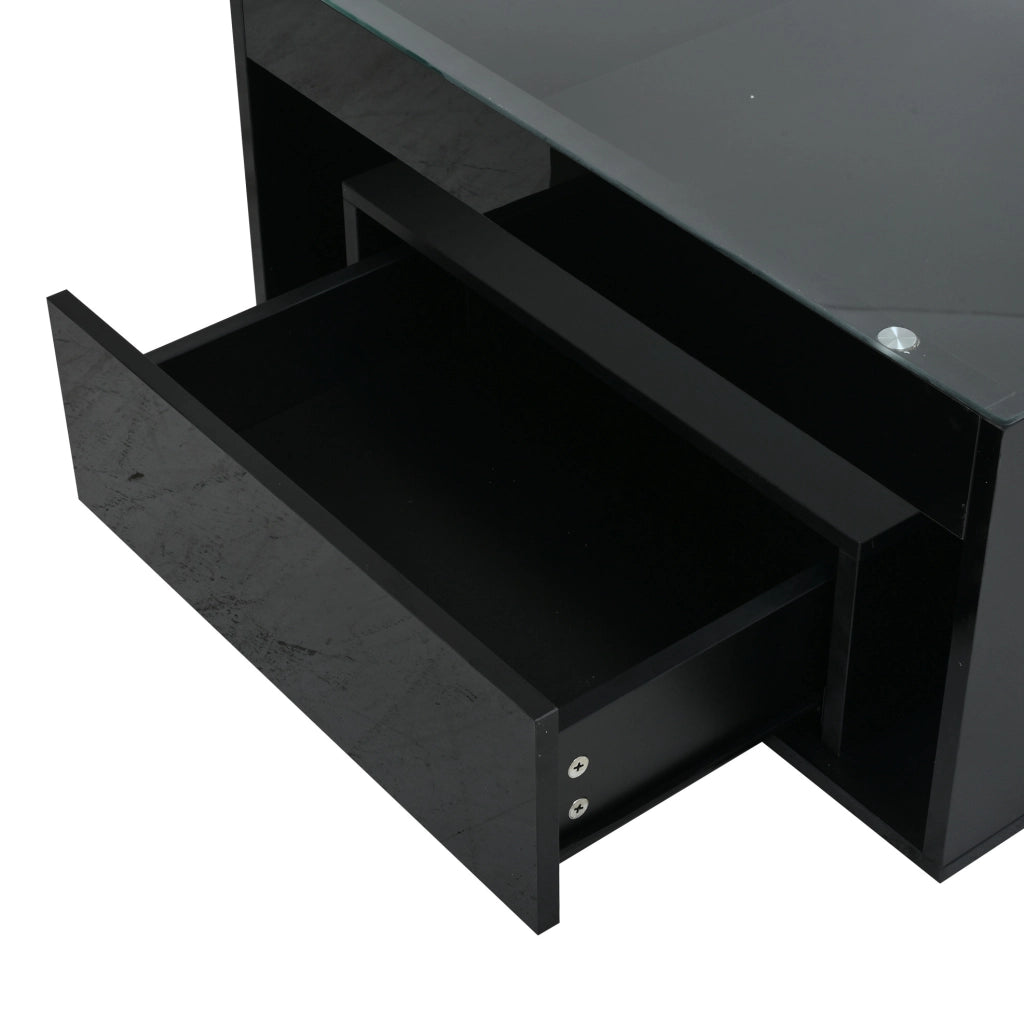 Tavolino da caffè 70 x 70 x 35 cm con 2 cassetti; piano in vetro temperato; nero