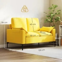 Divano 2 Posti Moderno con Cuscini e Rivestimento in Tessuto Spugna, 130x77x84 cm, Giallo