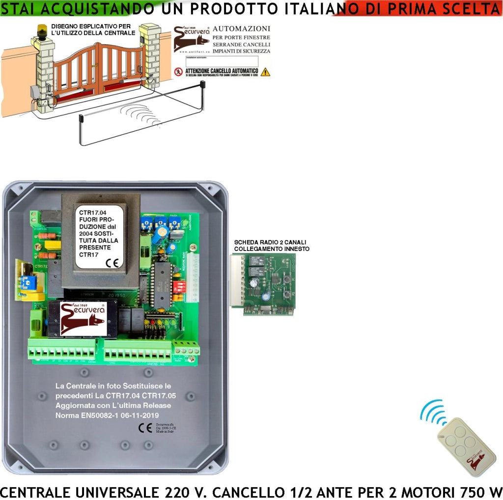 CTR17 PM8000 CENTRALE CANCELLO BATTENTE 220 V RADIORICEVENTE 1 RADIOCOMANDO REGOLAZIONI A TRIMMER SELEZIONE FUNZIONE