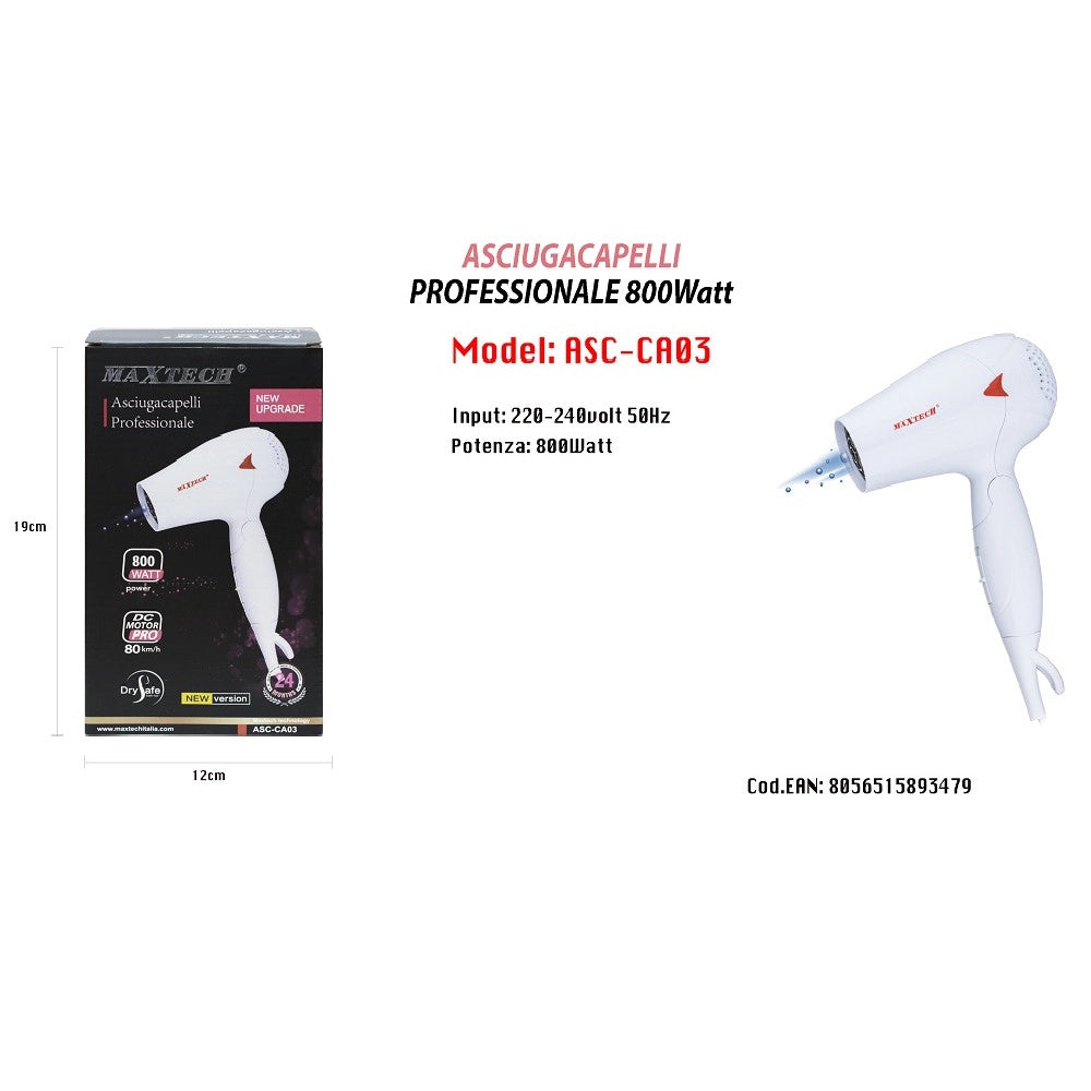 Trade Shop - Asciugacapelli Da Viaggio 800w Pieghevole Phon Capelli Con Beccuccio Precisione Asc-ca03 -
