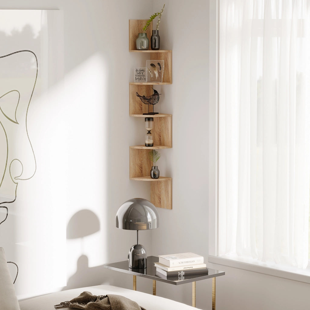 Libreria Angolare a Parete Zigzag 5 Livelli ¨C Zephmum ¨C Legno Rovere 20x20x126 cm