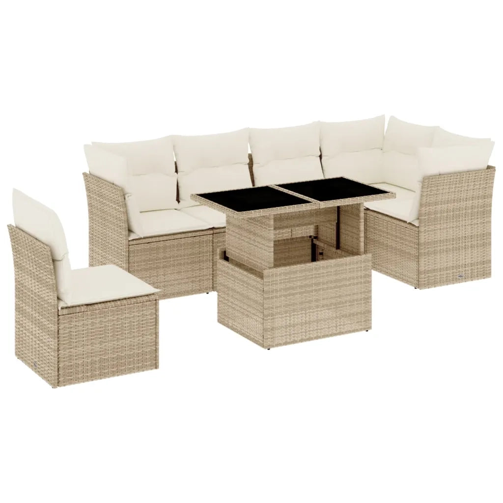 Set Divani da Giardino 7 pz con Cuscini Beige in Polyrattan