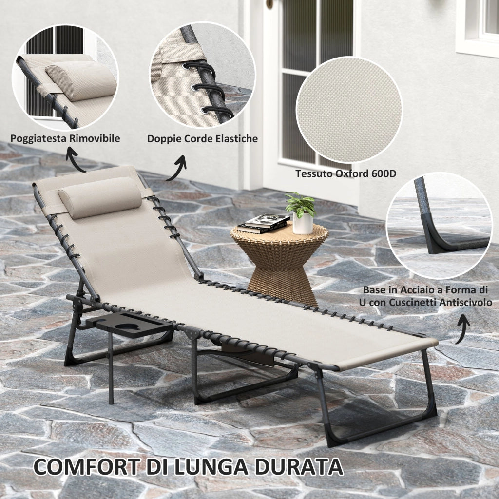Sdraio da Giardino Pieghevole 60x190x31 cm Reclinabile a 5 Livelli con Tavolino Laterale e Tasca Crema