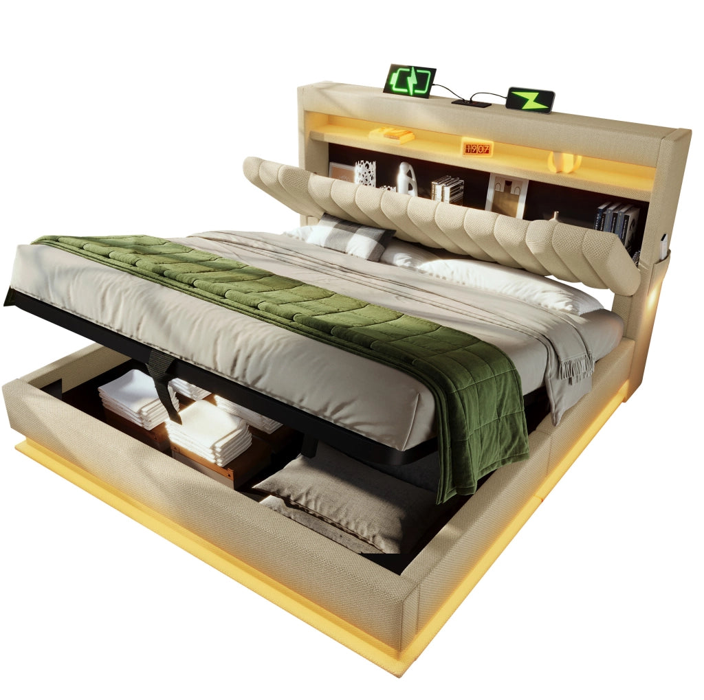 Letto 140x200 cm con contenitore; USB; Type-C e LED in lino beige