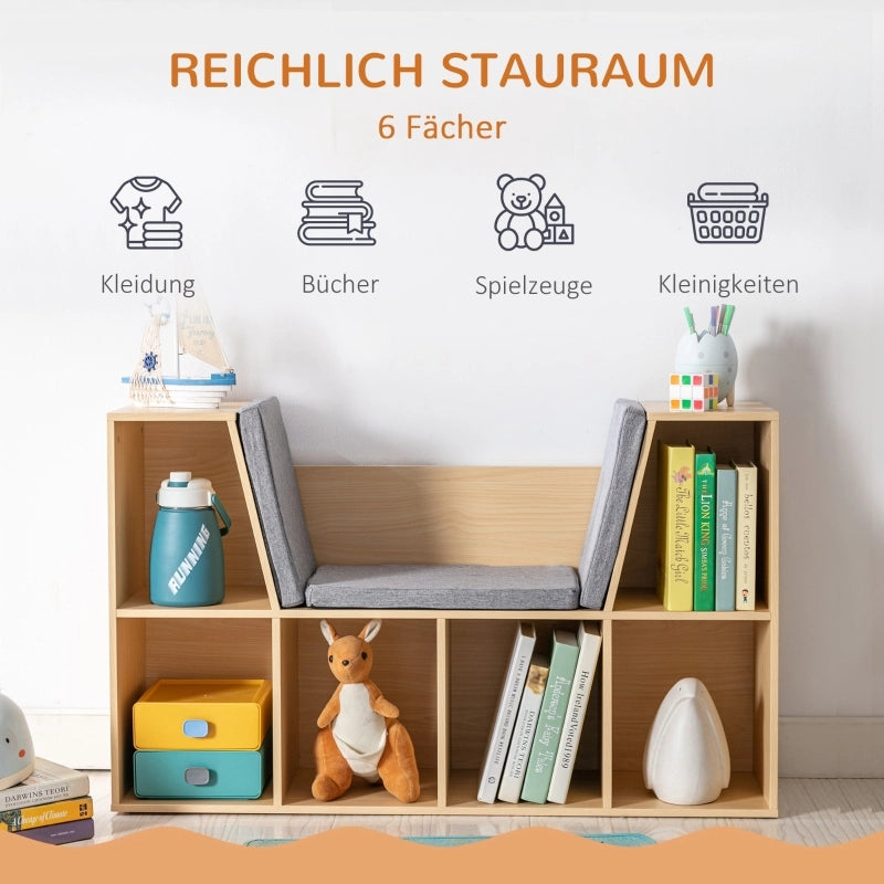 Scaffale per bambini con panca e 6 scomparti, include 3 cuscini, grigio/naturale, 103x30x62 cm, da 3 anni