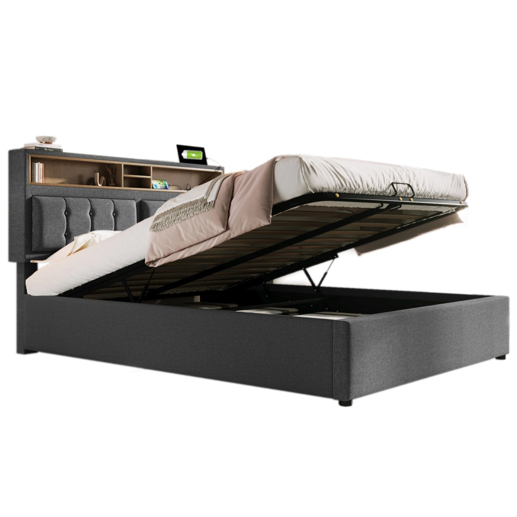 Letto matrimoniale imbottito 160x200 cm con materasso, testiera regolabile, prese USB/Type-C e contenitore