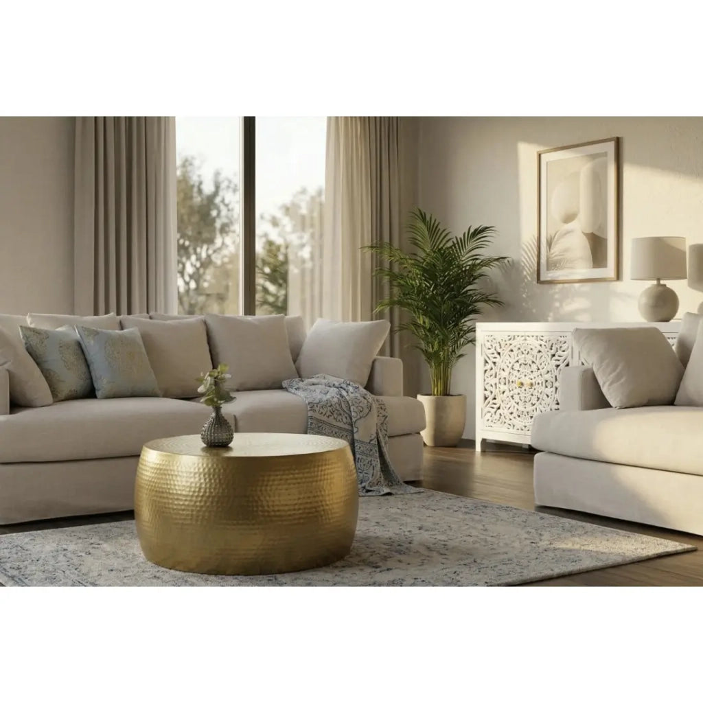 Tavolino TRIANE 60 cm in alluminio dorato – Tavolino rotondo design effetto martellato