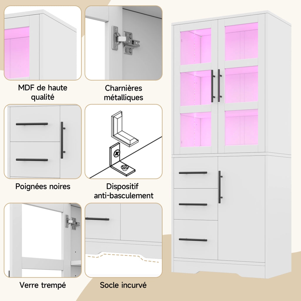 Mobile da bagno con 3 cassetti; 3 ante e LED - per bagno - 72×35×170 cm - bianco
