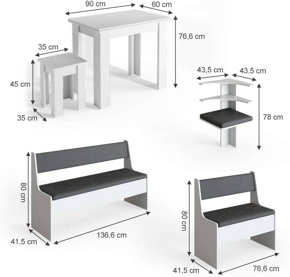 Gruppo panca ad angolo Roman, Bianco, 180 x 120 cm con tavolo, adatto per il posizionamento ad angolo in cucine e sale da pranzo