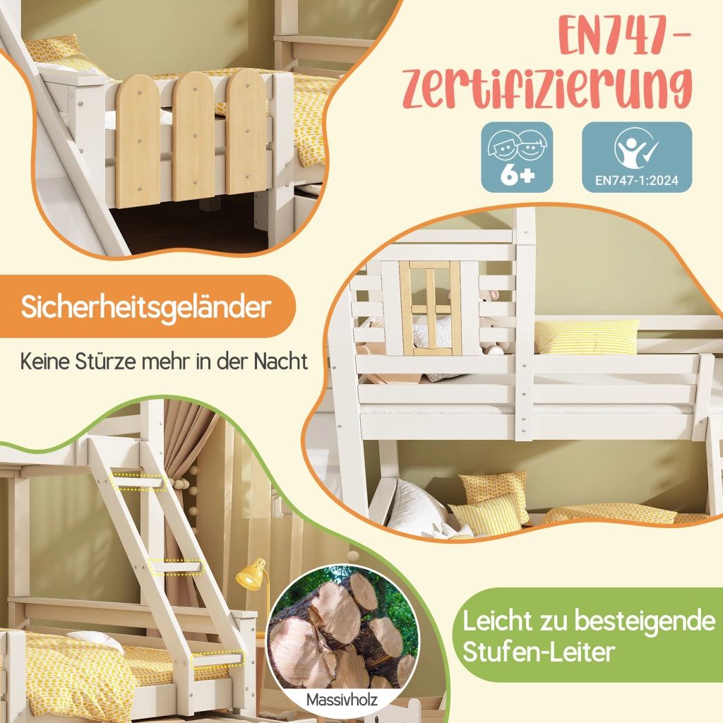 LETTO A CASTELLO 90x200/140x200 cm con scivolo cassetto e scala Bianco Legno