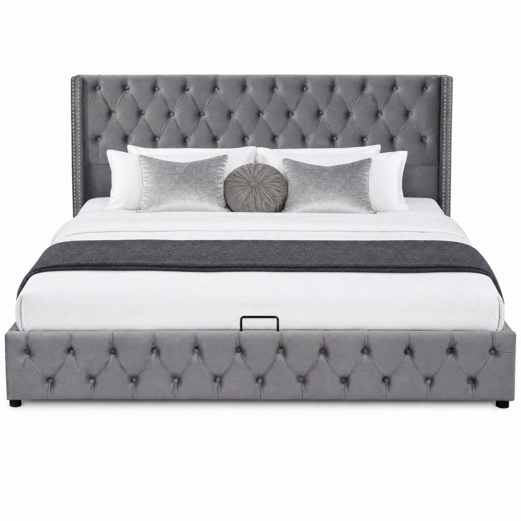 Letto matrimoniale 180x200 cm in velluto grigio stile Chesterfield con contenitore idraulico
