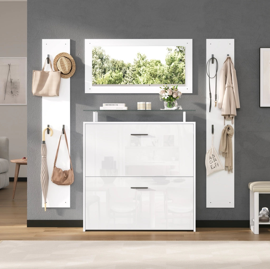 Set ingresso 4 pezzi con specchio e scarpiera 89;5x23x96;5 cm; bianco opaco e vetro