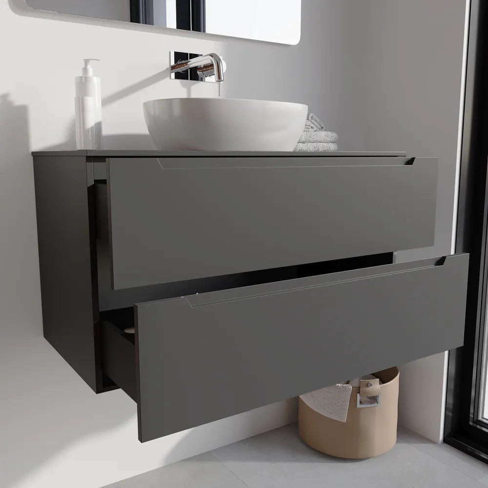 Mobile bagno sospeso 90cm grigio opaco due cassetti soft-close con top | Bako