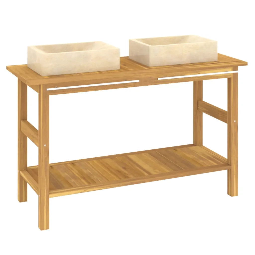 Mobile Vanità Bagno e Lavandini Marmo Crema Legno Massello Teak 3096578
