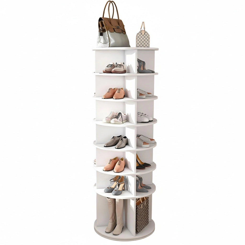 Scarpiera girevole 7 livelli 60x60x184 cm - Xylo - ruota 360°, per 28 paia, base alta per stivali, bianca
