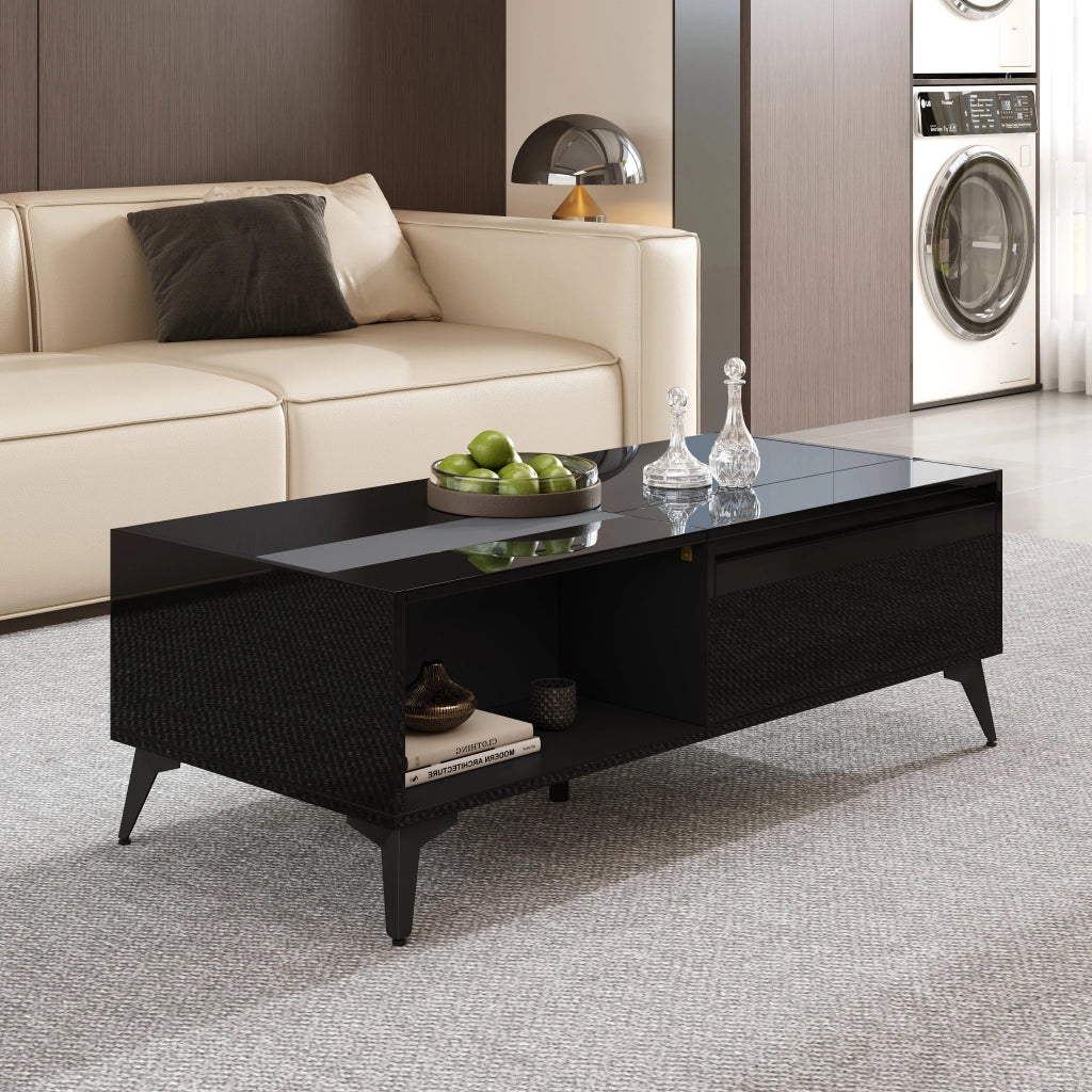 OKWISH Tavolino da Salotto con Piano Sollevabile, Vano Contenitore e Ripiani Aperti, Finitura Lucida, Nero, 110 x 50 x 48 cm