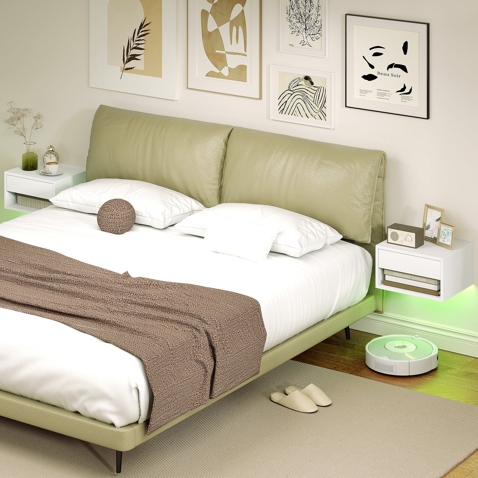 Set 2 Comodini Sospesi 37x32x21 cm con LED RGB Integrati e Regolabili con APP Cassetto e Ripiano Bianco