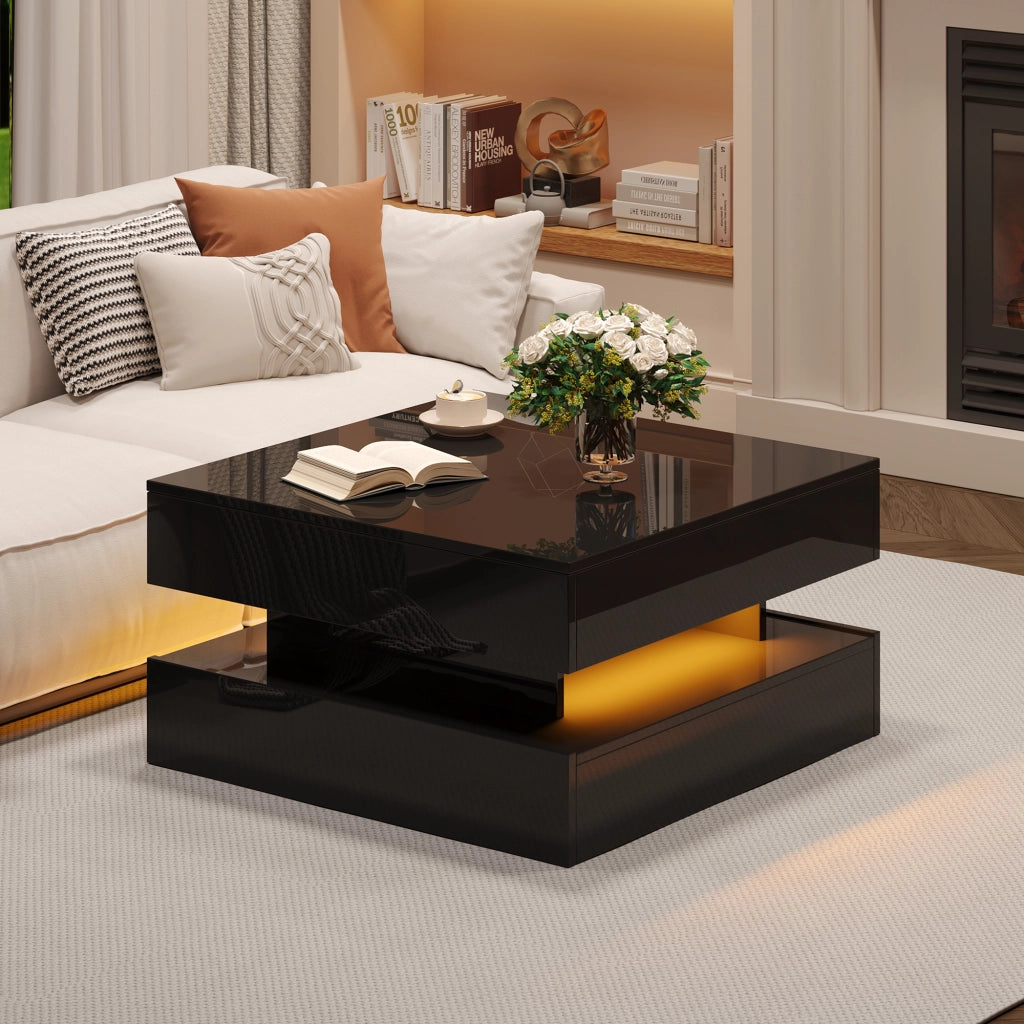 Tavolino da Salotto Alzabile Quadrato con 2 Cassetti e LED; Finitura Lucida; Vano Contenitore Nascosto; in Pannelli di Particelle; 65×65×38;5 cm; Nero