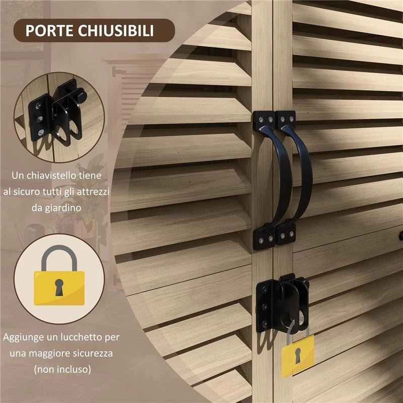 ARMADIO DA ESTERNO PORTAOGGETTI A 2 RIPIANI CON PICCHETTI, IN LEGNO DI ABETE, 75X50X111/118 CM