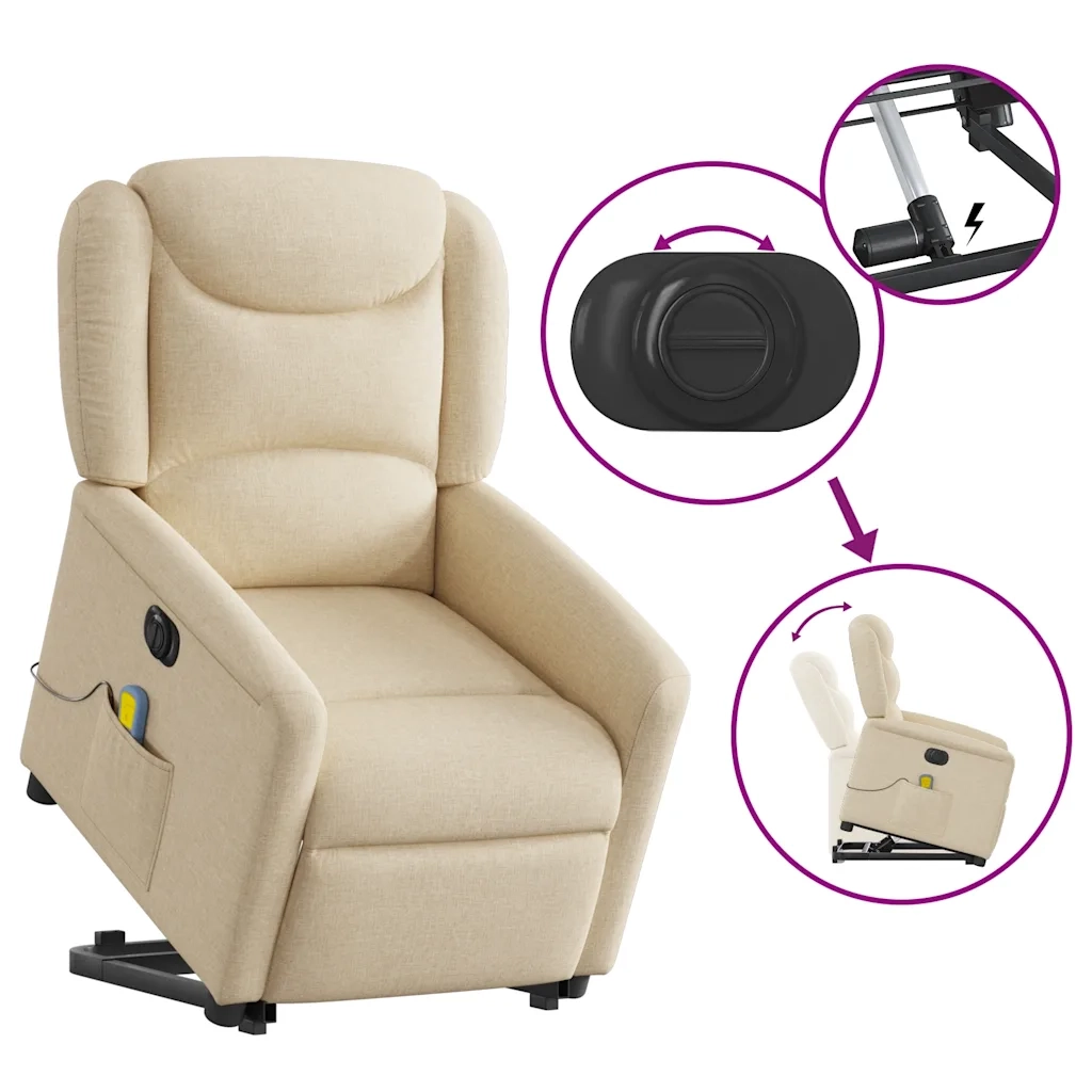 vidaXL Poltrona Alzapersona Massaggiante Elettrica Crema in Tessuto