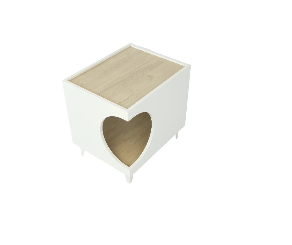 Tavolino cuccia per cani o animali 46,8x37x40cm, ELLIE, ingresso laterale per per lettiera colore Bianco e colore Rovere RF978