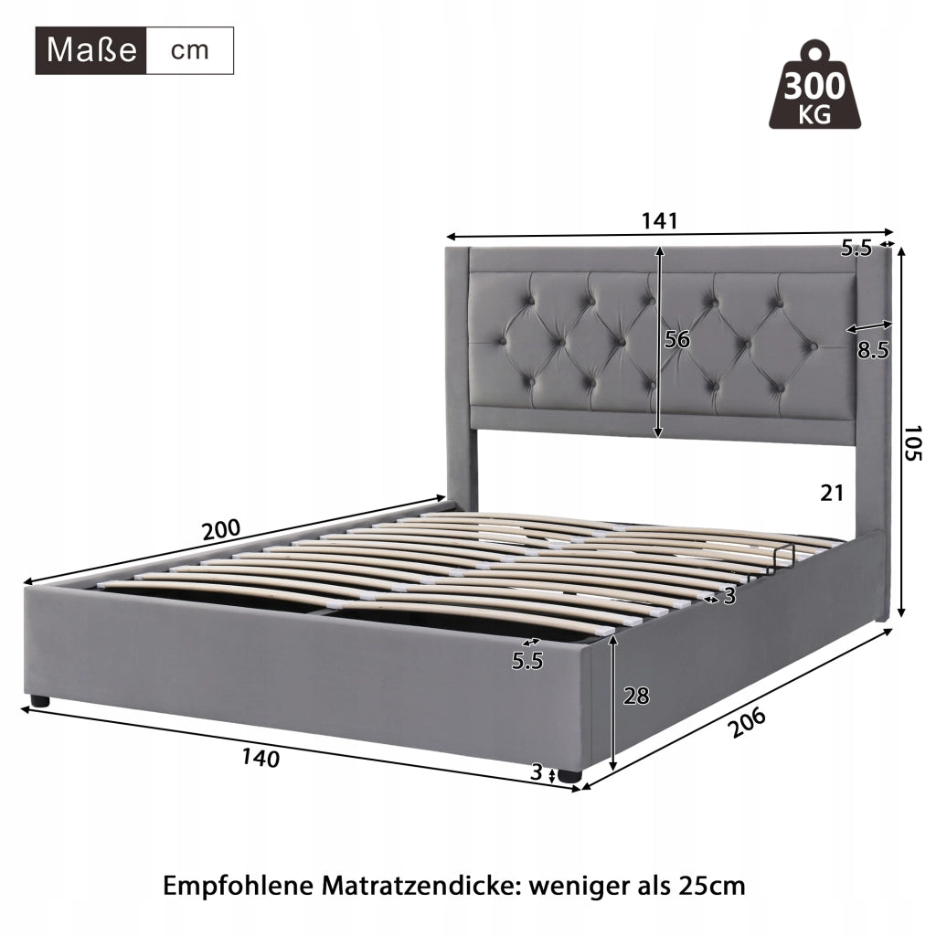 Letto imbottito Chesterfield - Xylo - 140x200 - Grigio - Stelaio sollevabile