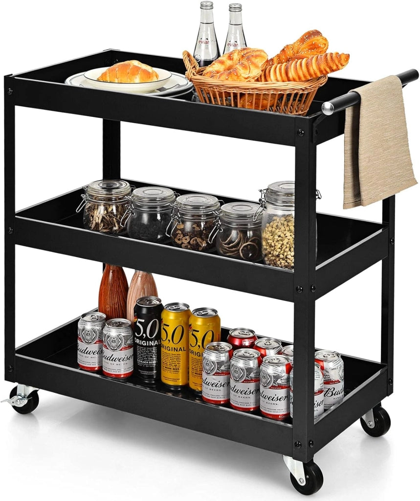 Carrello da Cucina con 3 Livelli, Carrellino Multifunzionale con Ruote Flessibili, Carrello di Servizio Resistente con Maniglia Comoda, Ideale per Ufficio Garage Magazzino Biblioteca (Nero)