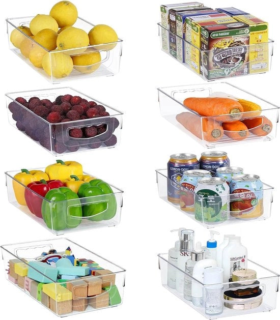 Organizzatore per frigorifero con maniglia, armadio a pile per magazzino, organizzatore per cucina, set di contenitori PET da 8 per frigorifero, armadi, mensole, cosmetici, magazzino, ufficio, BPA libero