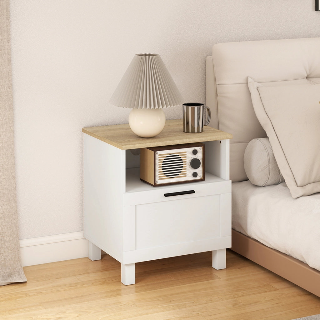 Comodino Moderno 45x38x50 cm con Cassetto e Ripiano in Legno Bianco e color Legno