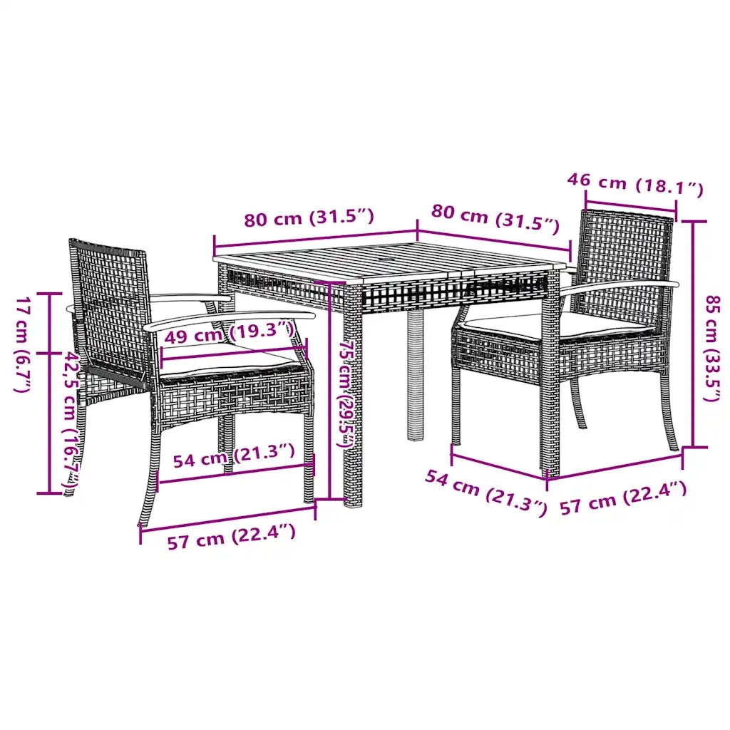 Set da Pranzo da Giardino 3 pz con Cuscini Beige in Polyrattan