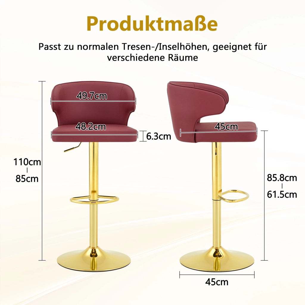 Sgabello da bar con schienale ergonomico girevole e altezza regolabile in pu rosso 70,5 × 56,0 × 55,5 cm