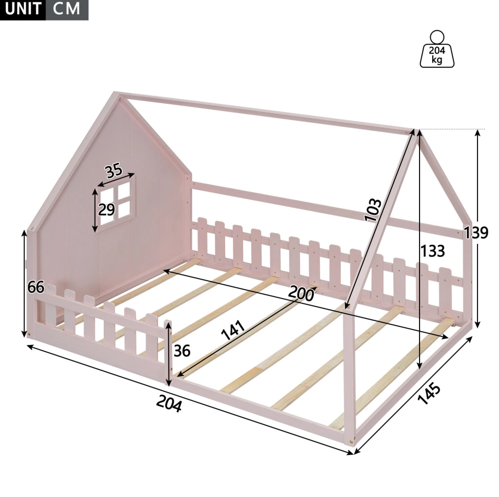 Letto per bambini a forma di casa 140x200 cm, rosa, con sponde