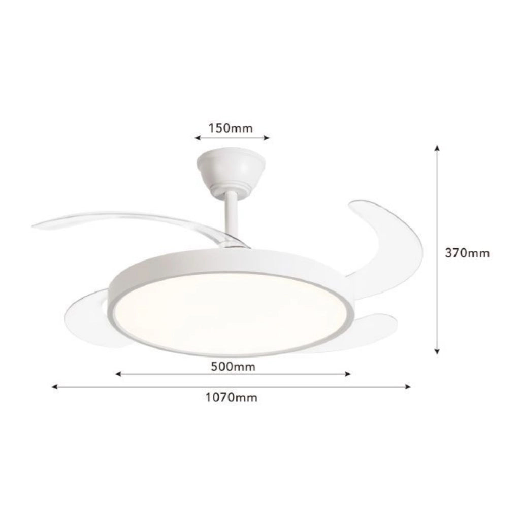 Ventilatore da soffitto con lampada LED 40W, pale a scomparsa, 6 velocità, telecomando e selezione temperatura colore dimmerabile