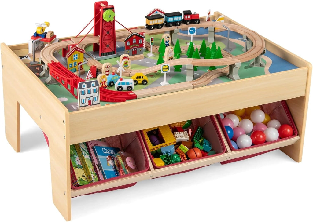Tavolo con Set di Treni per Bambini 3+ Anni, Tavolo da Gioco Multifunzionale in Legno con 2 Superfici Reversibili, 3 Cassetti in Tessuto e Accessori per Binari, Scrivania da Gioco