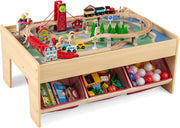 Tavolo con Set di Treni per Bambini 3+ Anni, Tavolo da Gioco Multifunzionale in Legno con 2 Superfici Reversibili, 3 Cassetti in Tessuto e Accessori per Binari, Scrivania da Gioco