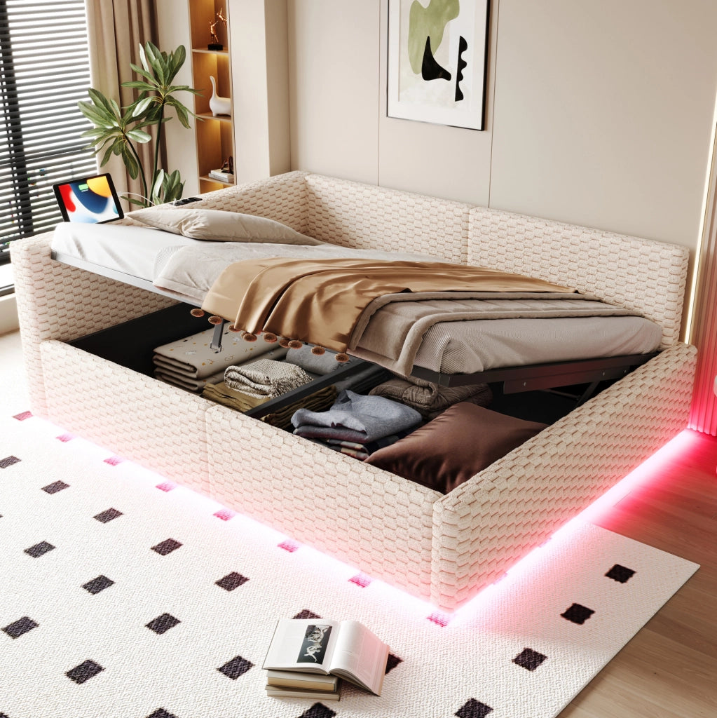 Letto imbottito multifunzione 140 x 200 cm con LED, porte USB e vano contenitore, beige