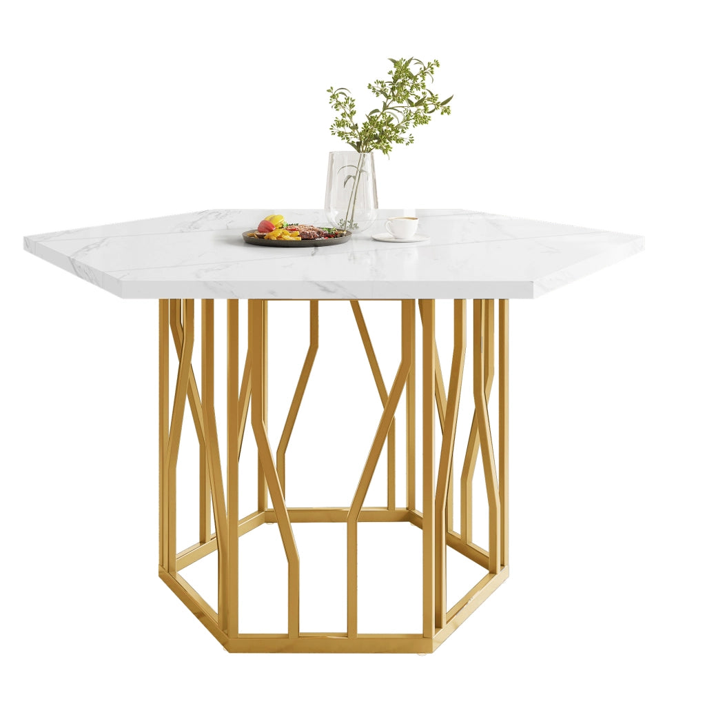Tavolo 115.5x100x75 cm design esagonale con piano effetto marmo in MDF e acciaio oro bianco