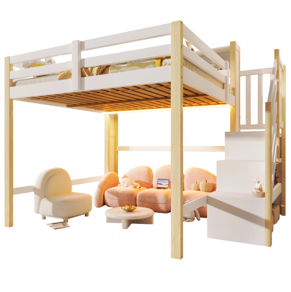 Letto a soppalco 140x200 cm con LED, scala contenitore e ampio spazio inferiore